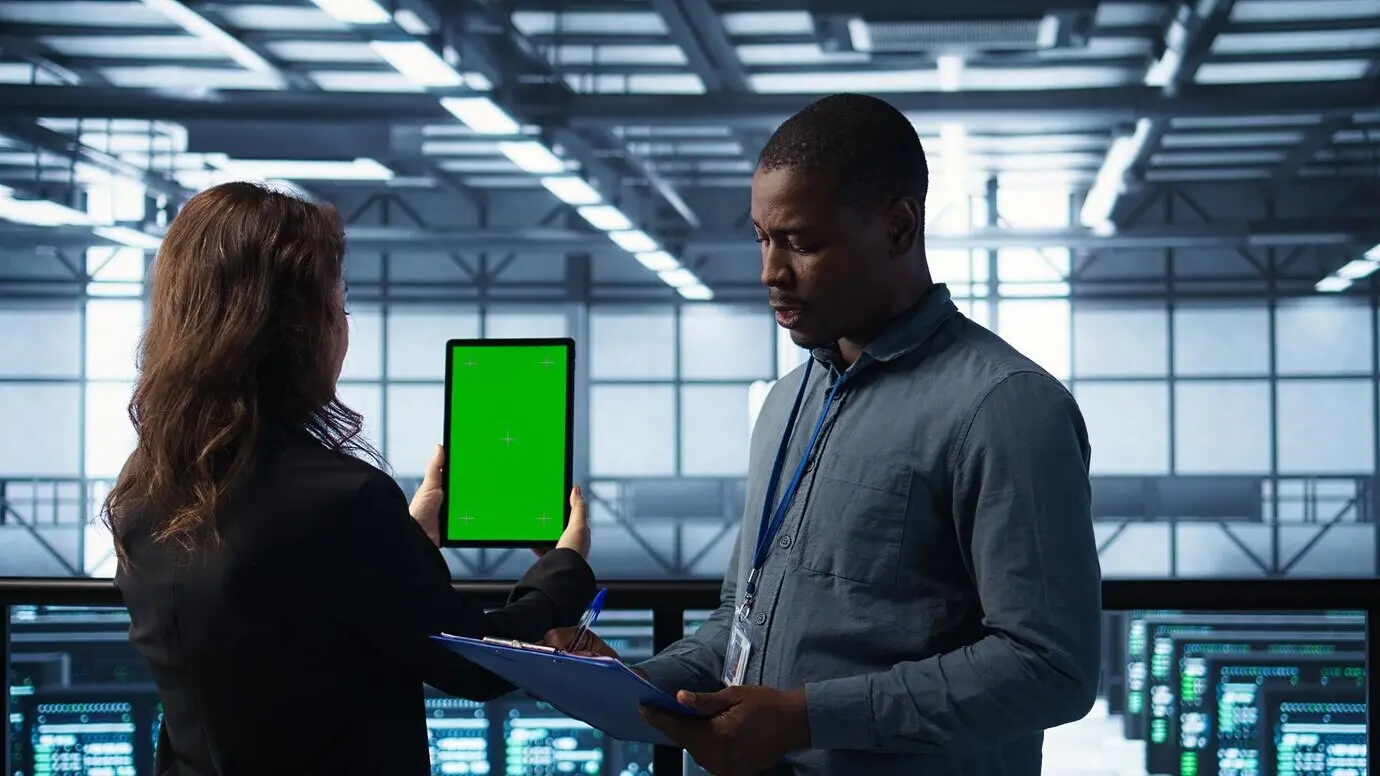 Técnicos en un centro de datos usando una tableta con pantalla verde para revisar el hardware.